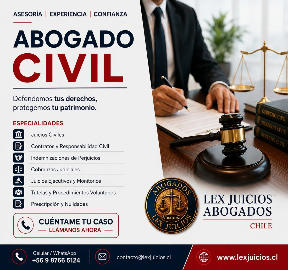 Juicios civiles, contratos y responsabilidad civil, indemnizaciones de perjuicios, cobranzas judiciales, juicios ejecutivos y monitorios, tutelas y prescripción. Lex Juicios Abogados, Santiago de Chile.