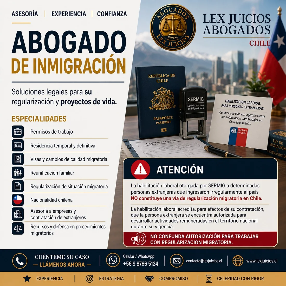 Permisos de trabajo, residencia temporal y definitiva, visas y cambios de calidad migratoria, reunificación familiar, regularización, nacionalidad chilena y recursos ante procedimientos migratorios. Lex Juicios Abogados, Santiago de Chile.