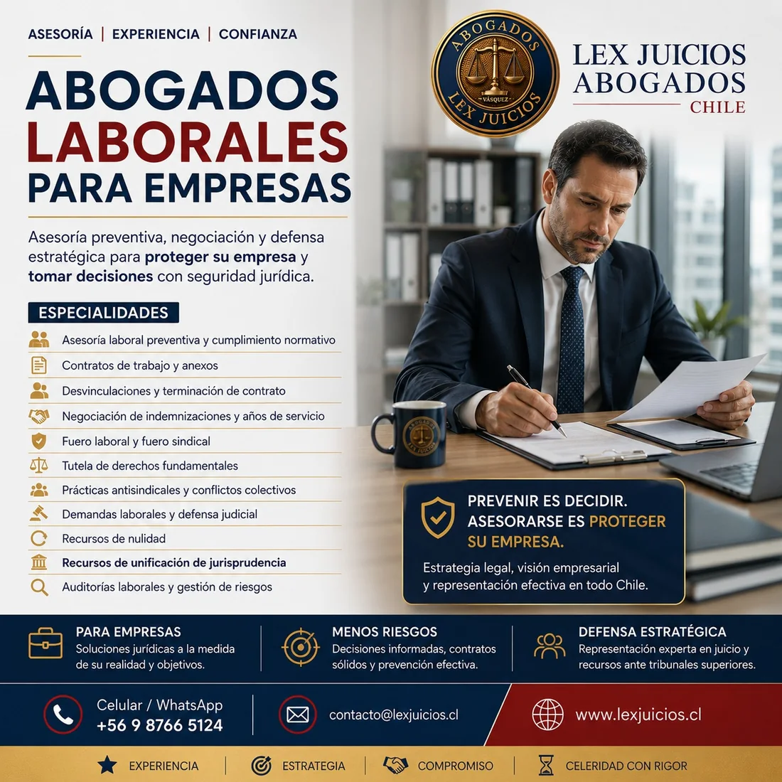 Asesoría laboral preventiva, contratos de trabajo, desvinculaciones, negociación de indemnizaciones, fuero laboral y sindical, tutela de derechos fundamentales, demandas laborales y auditorías de riesgo. Lex Juicios Abogados, Santiago de Chile.