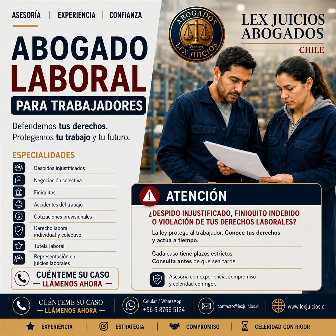 Despidos injustificados, negociación colectiva, finiquitos, accidentes del trabajo, cotizaciones previsionales, tutela laboral y representación en juicios laborales. Lex Juicios Abogados, El Golf 40, Las Condes, Santiago de Chile.