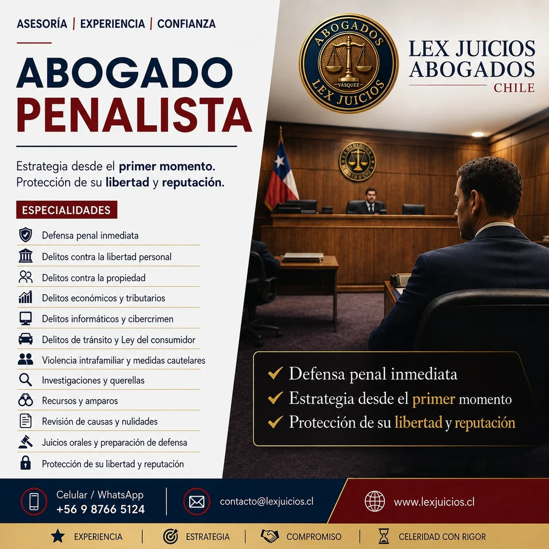 Defensa penal inmediata, delitos contra la libertad personal y la propiedad, delitos económicos y tributarios, cibercrimen, violencia intrafamiliar, querellas, recursos y juicios orales. Lex Juicios Abogados, Santiago de Chile.