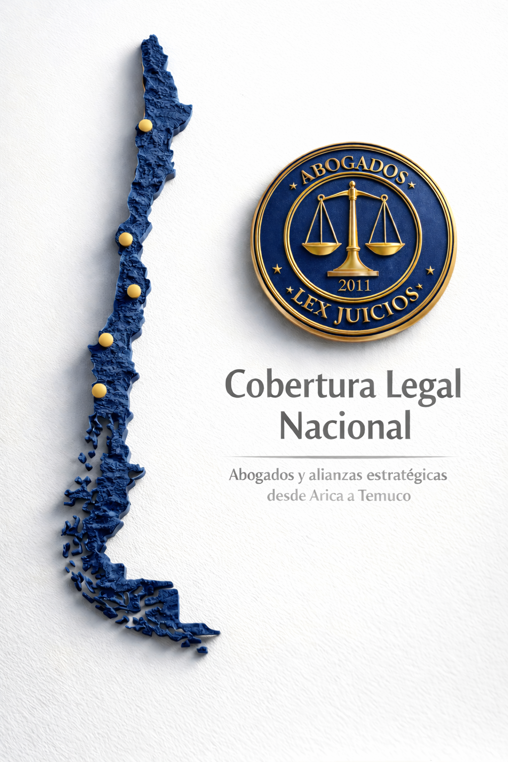 Mapa estratégico de Lex Juicios Abogados con cobertura nacional en Chile y alianzas jurídicas internacionales en Estados Unidos, Colombia y Argentina.<br />
