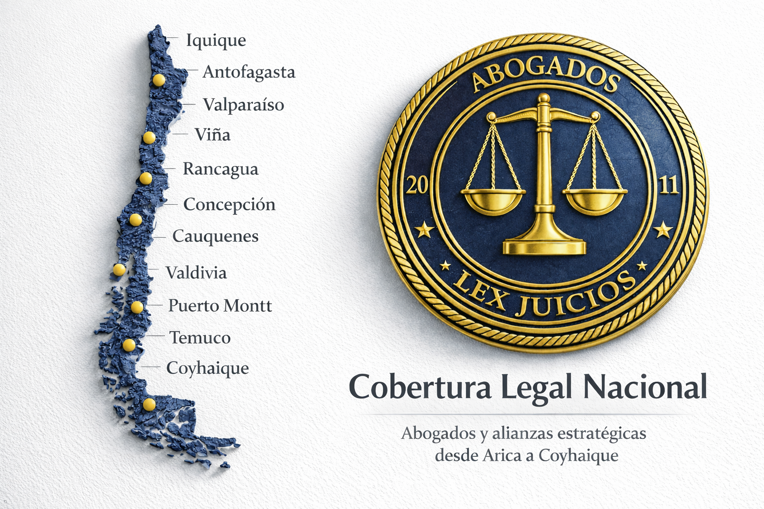 Mapa estratégico de Lex Juicios Abogados con cobertura nacional en Chile y alianzas jurídicas internacionales en Estados Unidos, Colombia y Argentina.<br />
