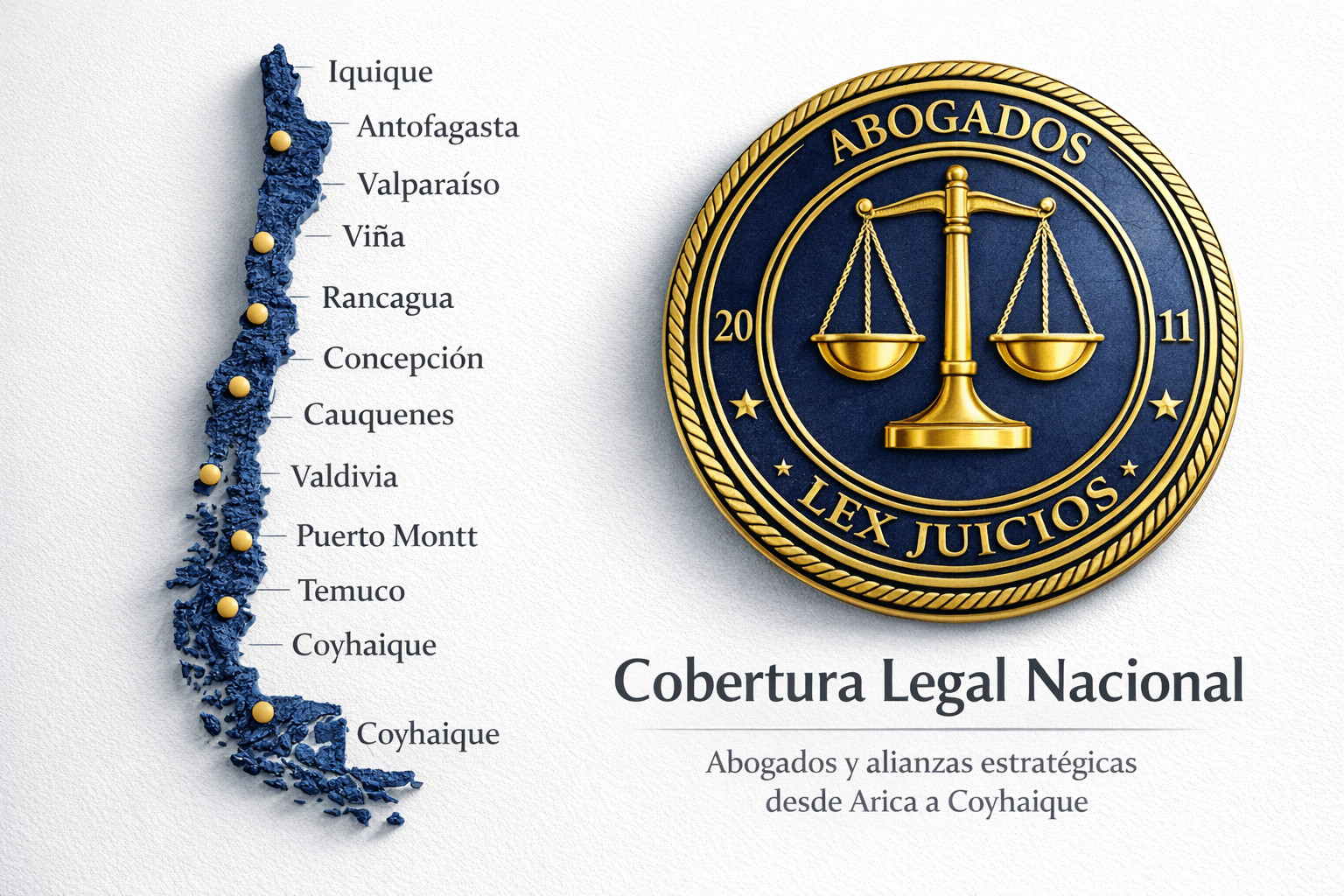 Mapa estratégico de Lex Juicios Abogados con cobertura nacional en Chile y alianzas jurídicas internacionales en Estados Unidos, Colombia y Argentina.<br />
